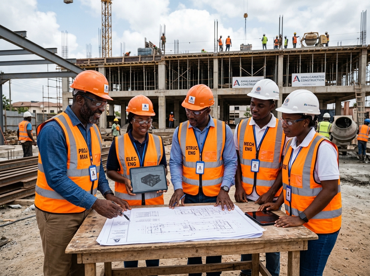 Engineering team reviewing building services project drawings