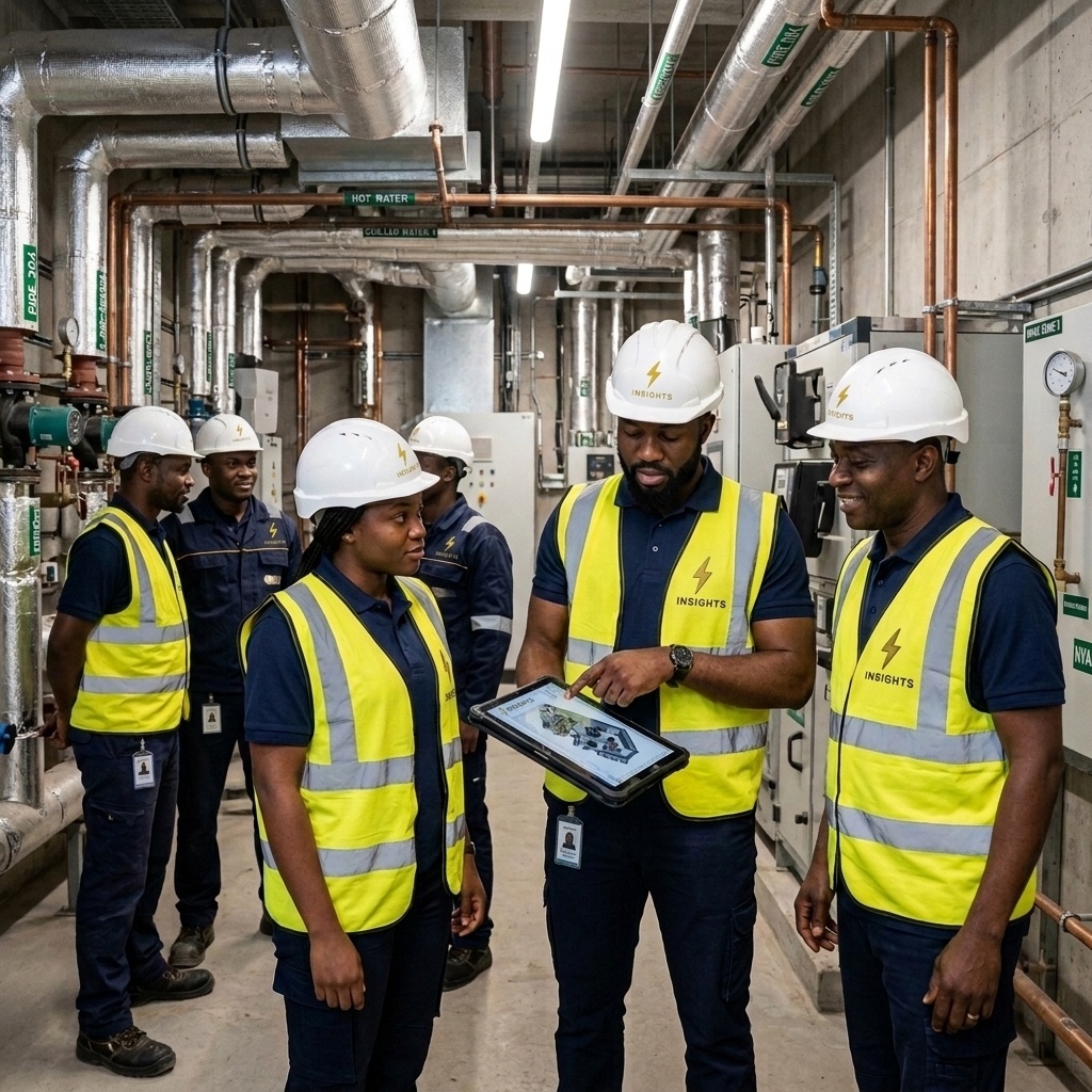 TechMEPi site engineers reviewing BIM models on site wearing branded TECHMEPI INSIGHTS uniforms and hard hats